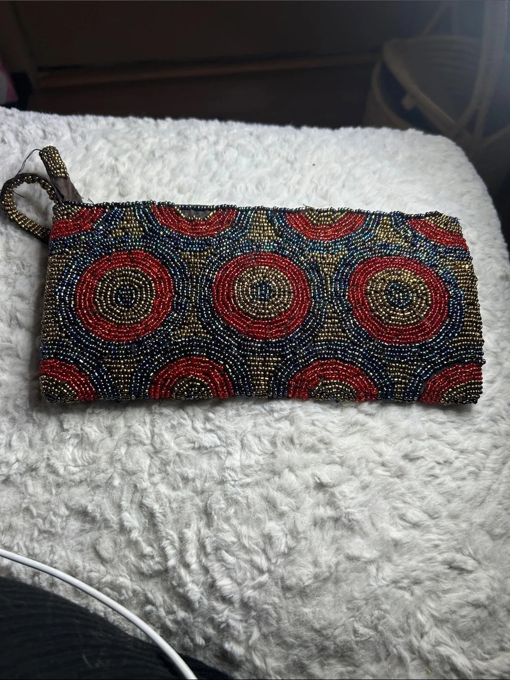 Beaded Red & Gold Circle Pattern Evening Clutch
